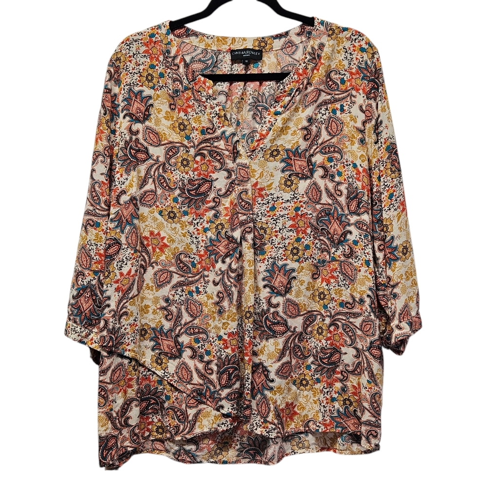 Cynthia Rowley Woman Blouse 1X Vneck 3/4 Sleeves Paisley Print Earthtone Boho
